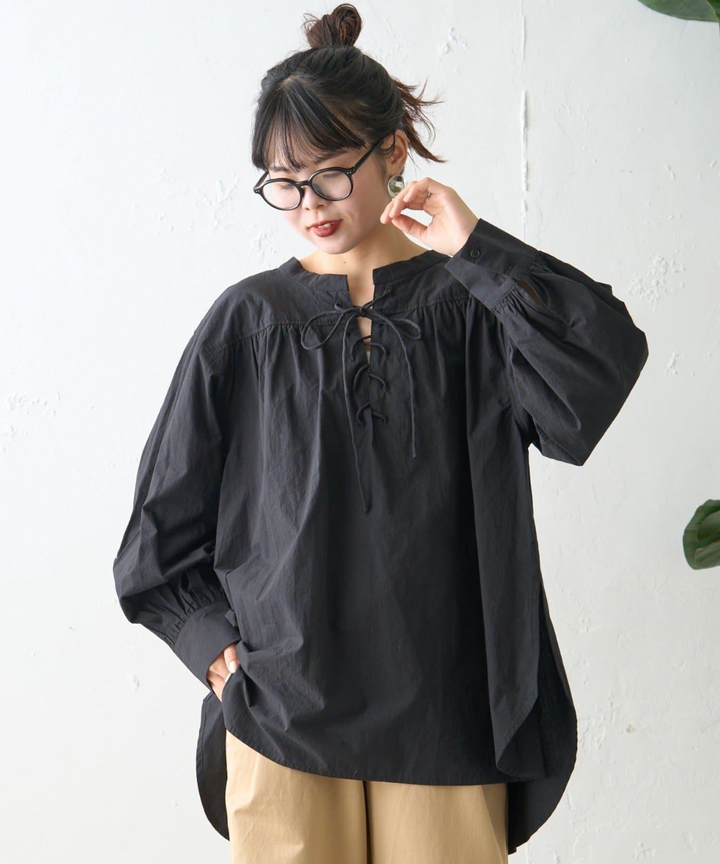 W繫帶收腰長款褶皺襯衫