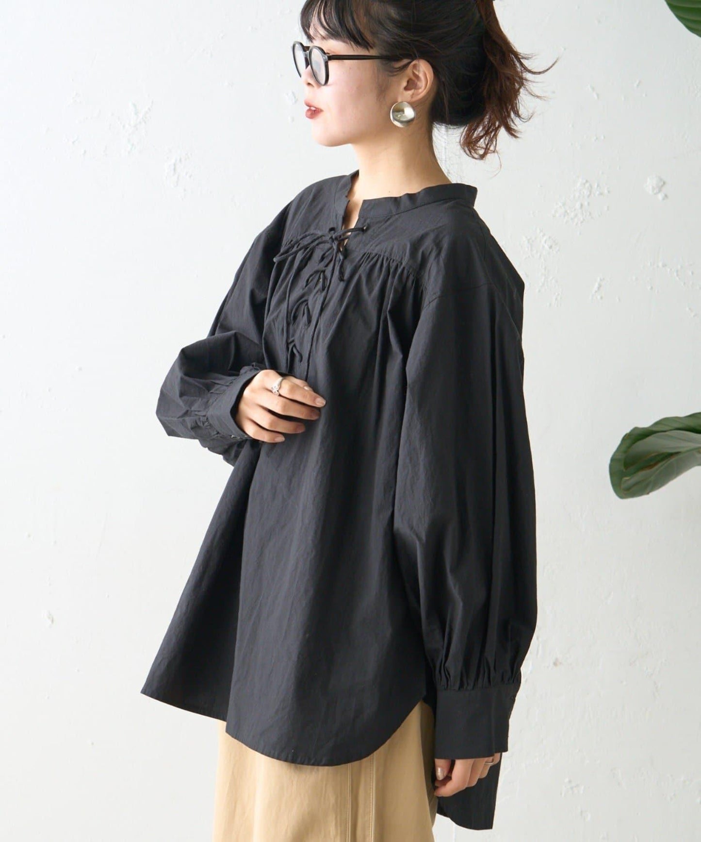 W繫帶收腰長款褶皺襯衫