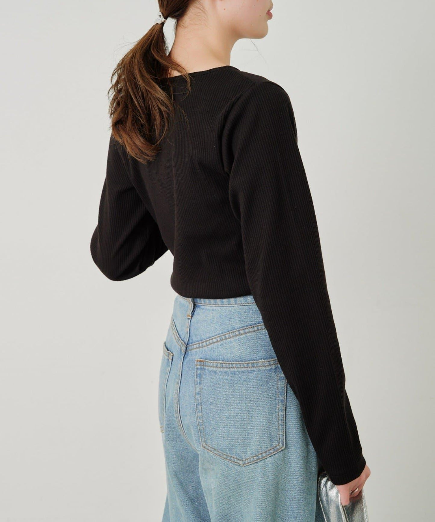 W不對稱領口羅紋長袖T恤