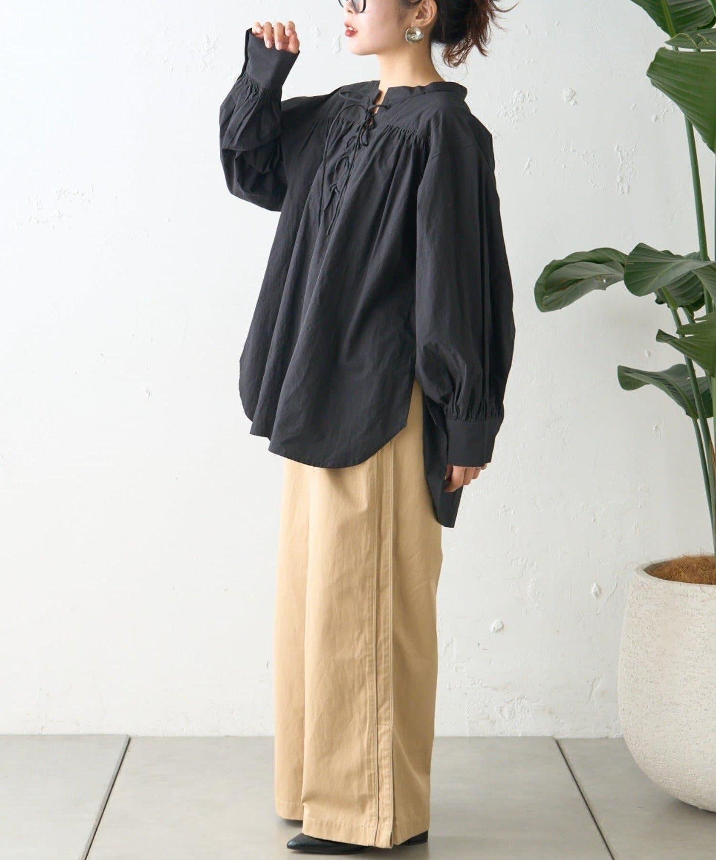 W繫帶收腰長款褶皺襯衫