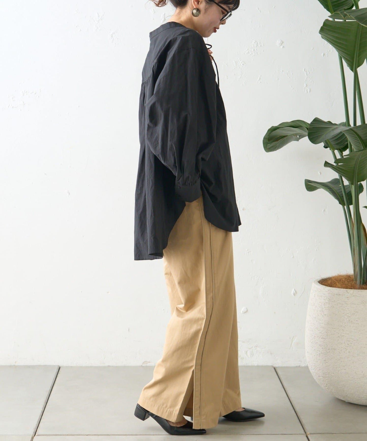 W繫帶收腰長款褶皺襯衫