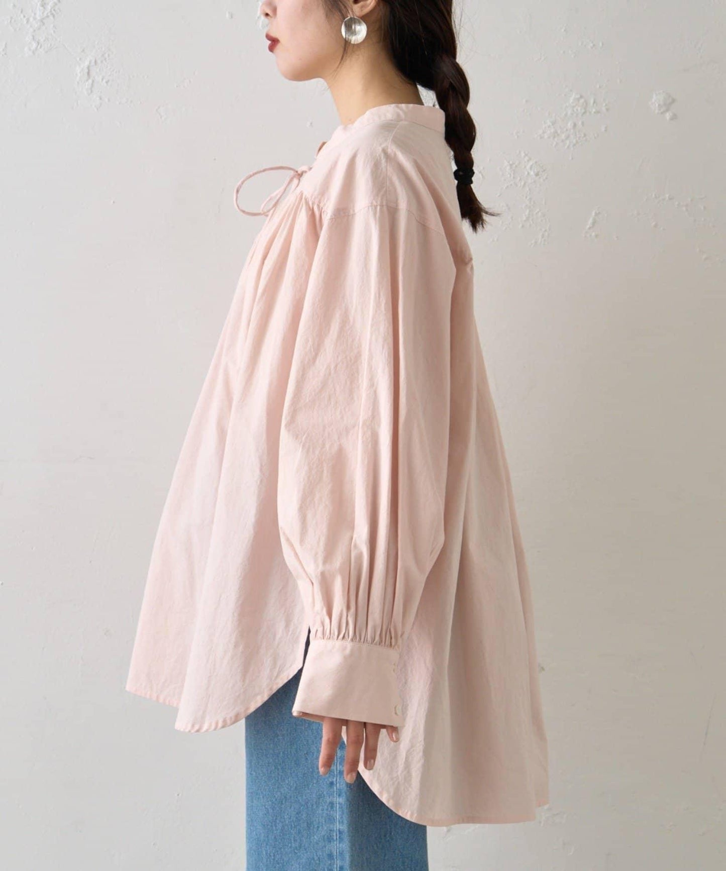 W繫帶收腰長款褶皺襯衫