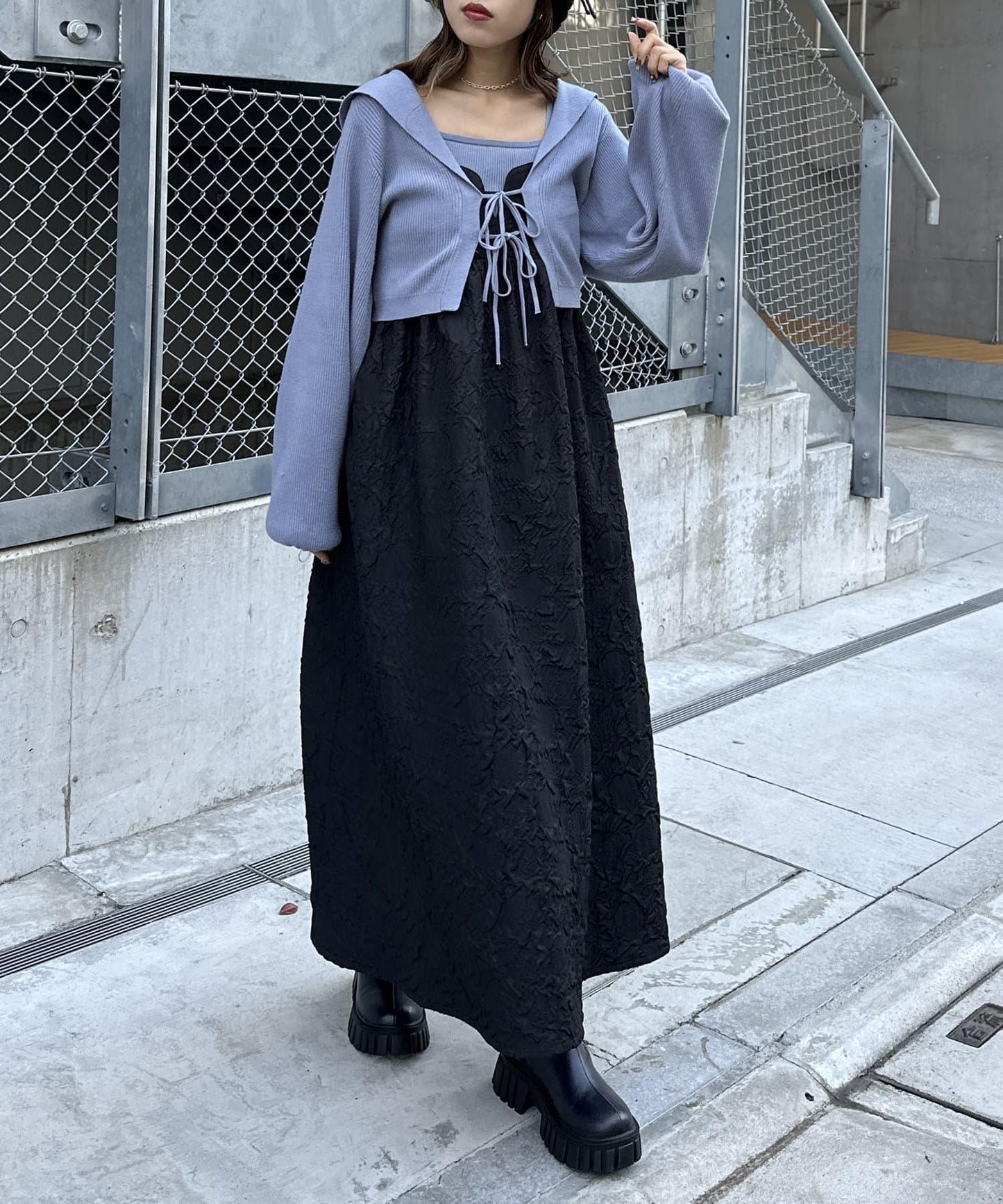 【w closet】水手領針織開衫吊帶套裝