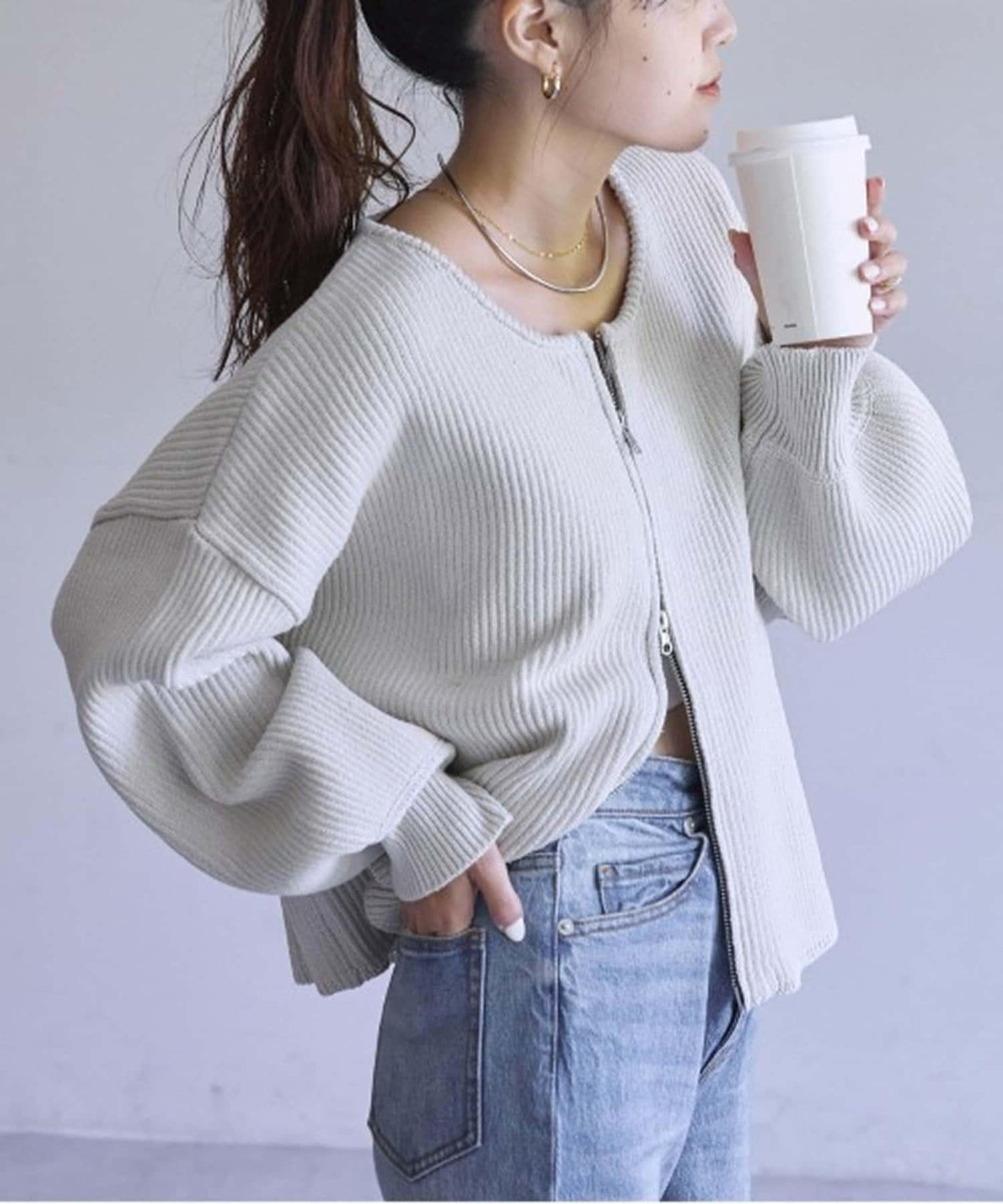 W彈力雙拉鍊針織開衫