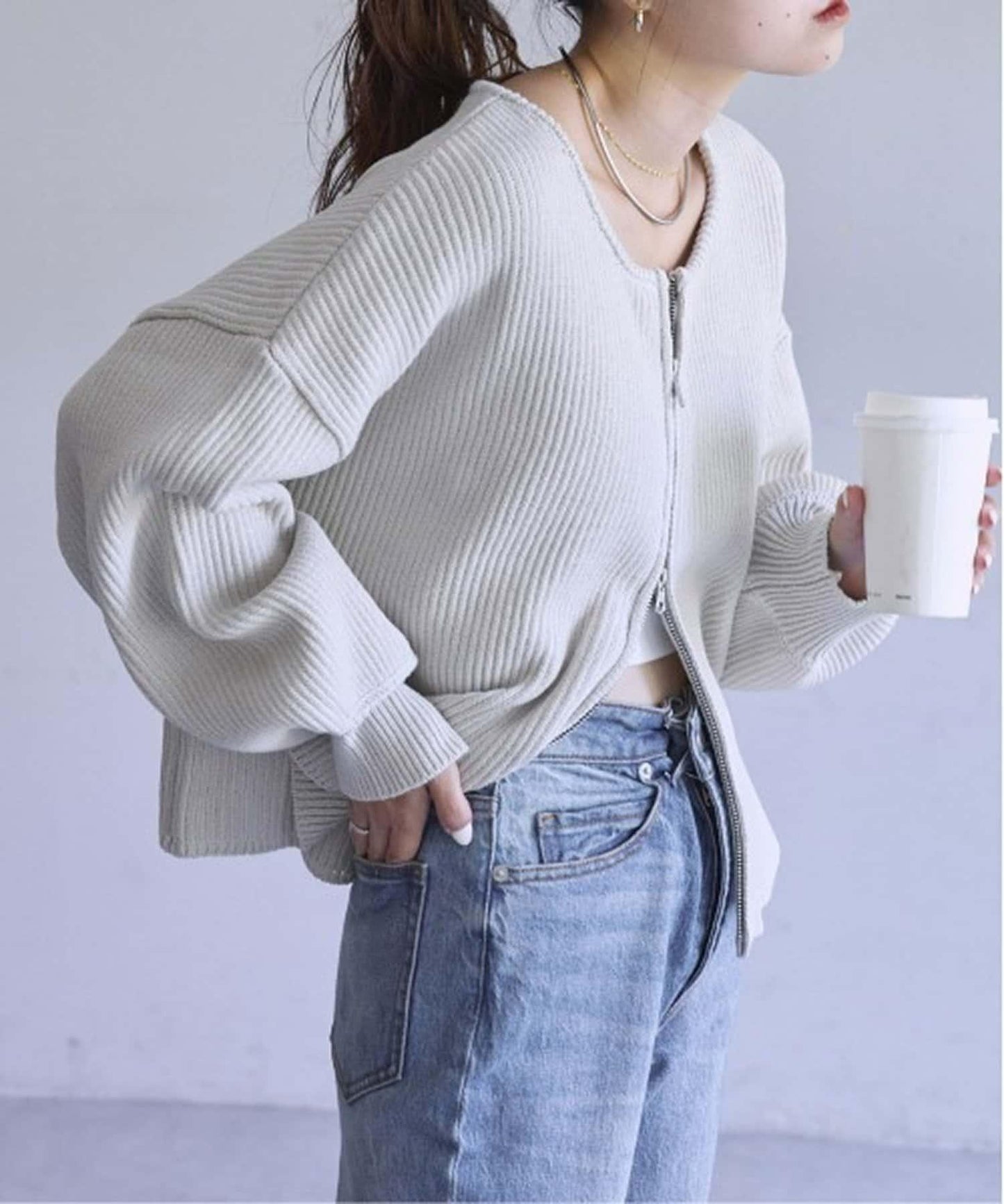 W彈力雙拉鍊針織開衫