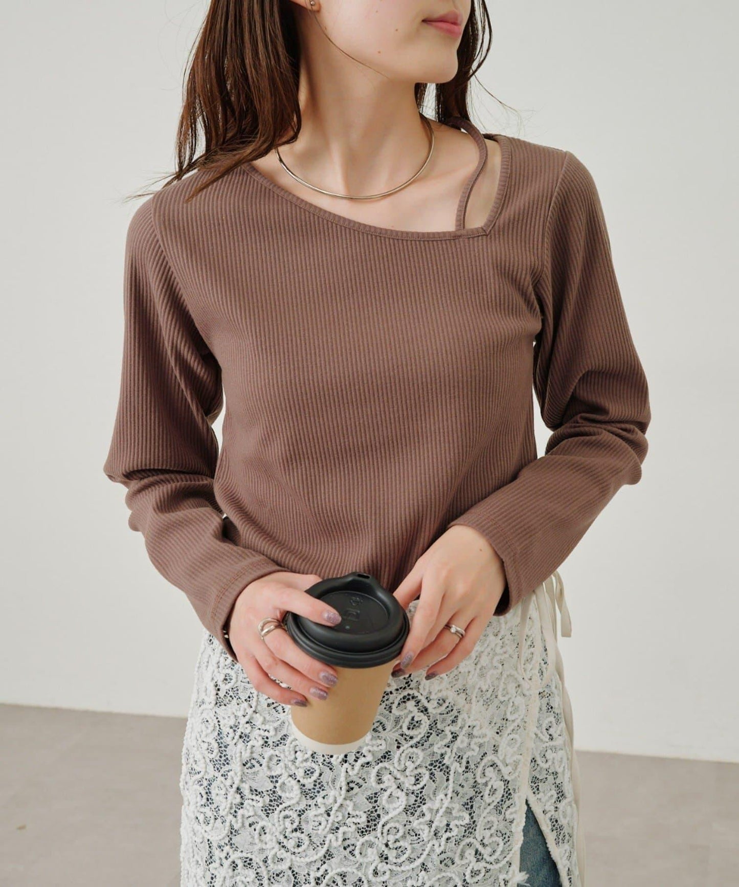 W不對稱領口羅紋長袖T恤