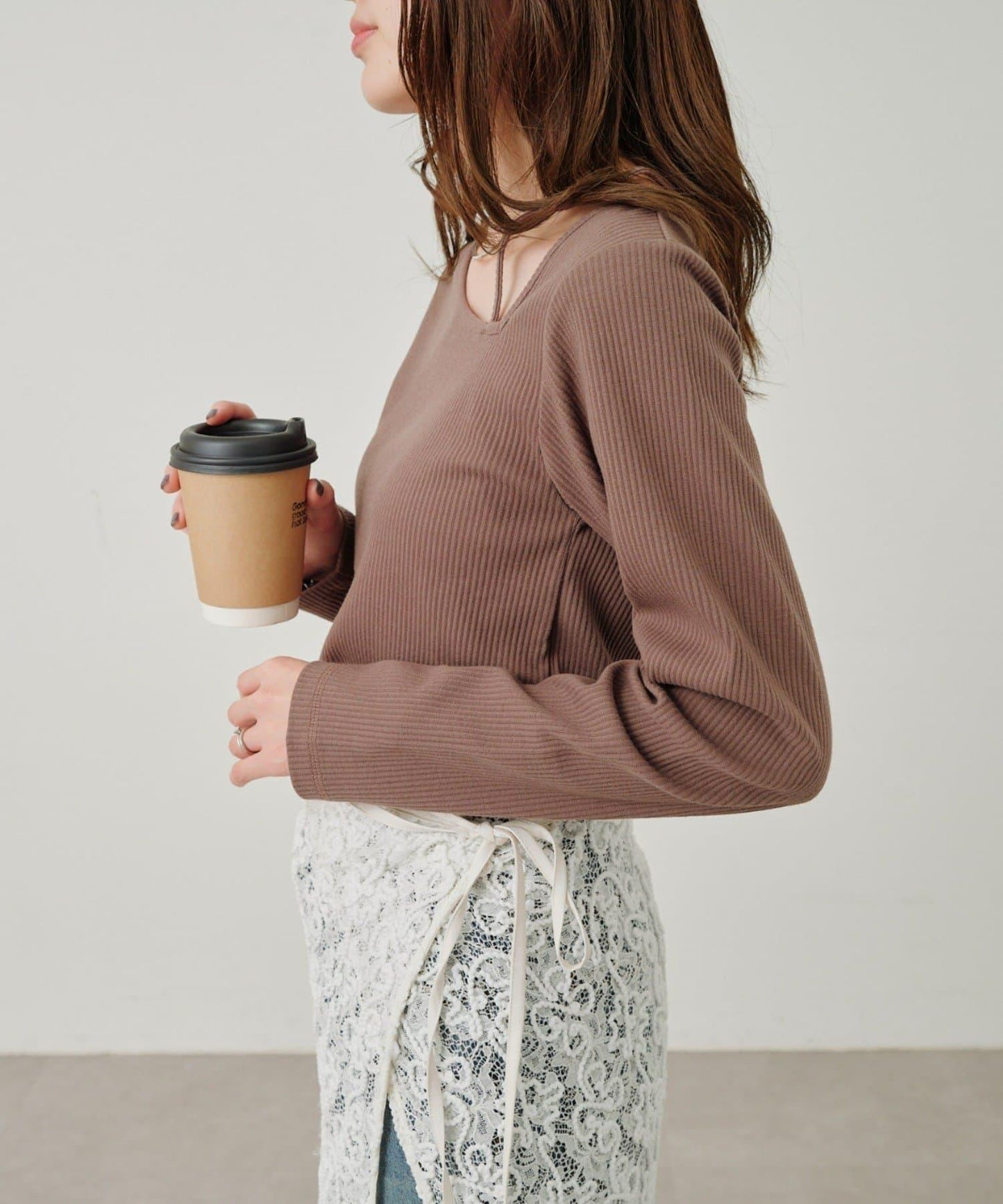 W不對稱領口羅紋長袖T恤