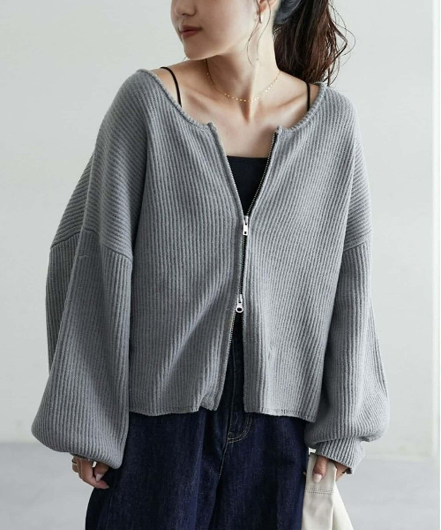 W彈力雙拉鍊針織開衫