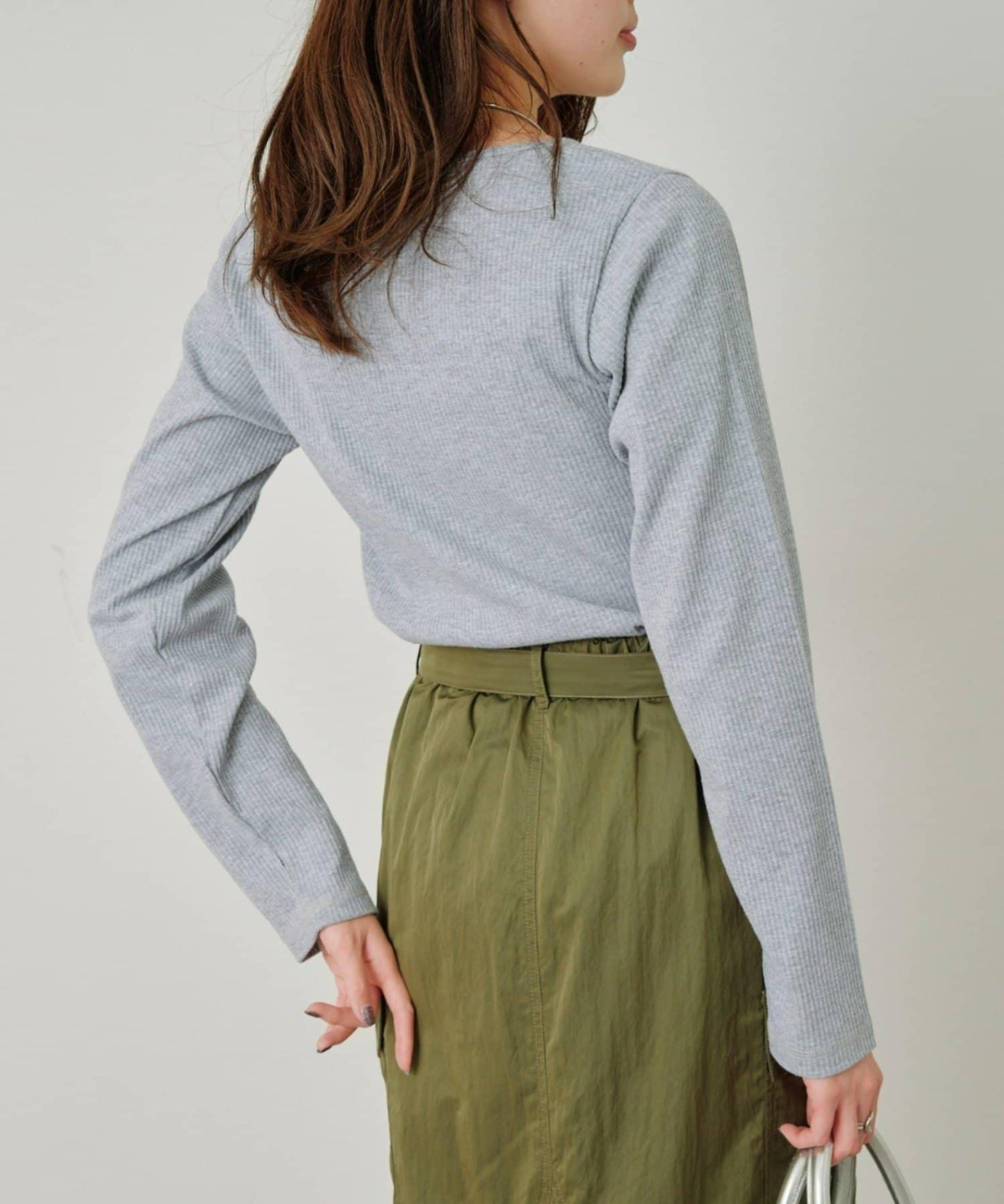 W不對稱領口羅紋長袖T恤