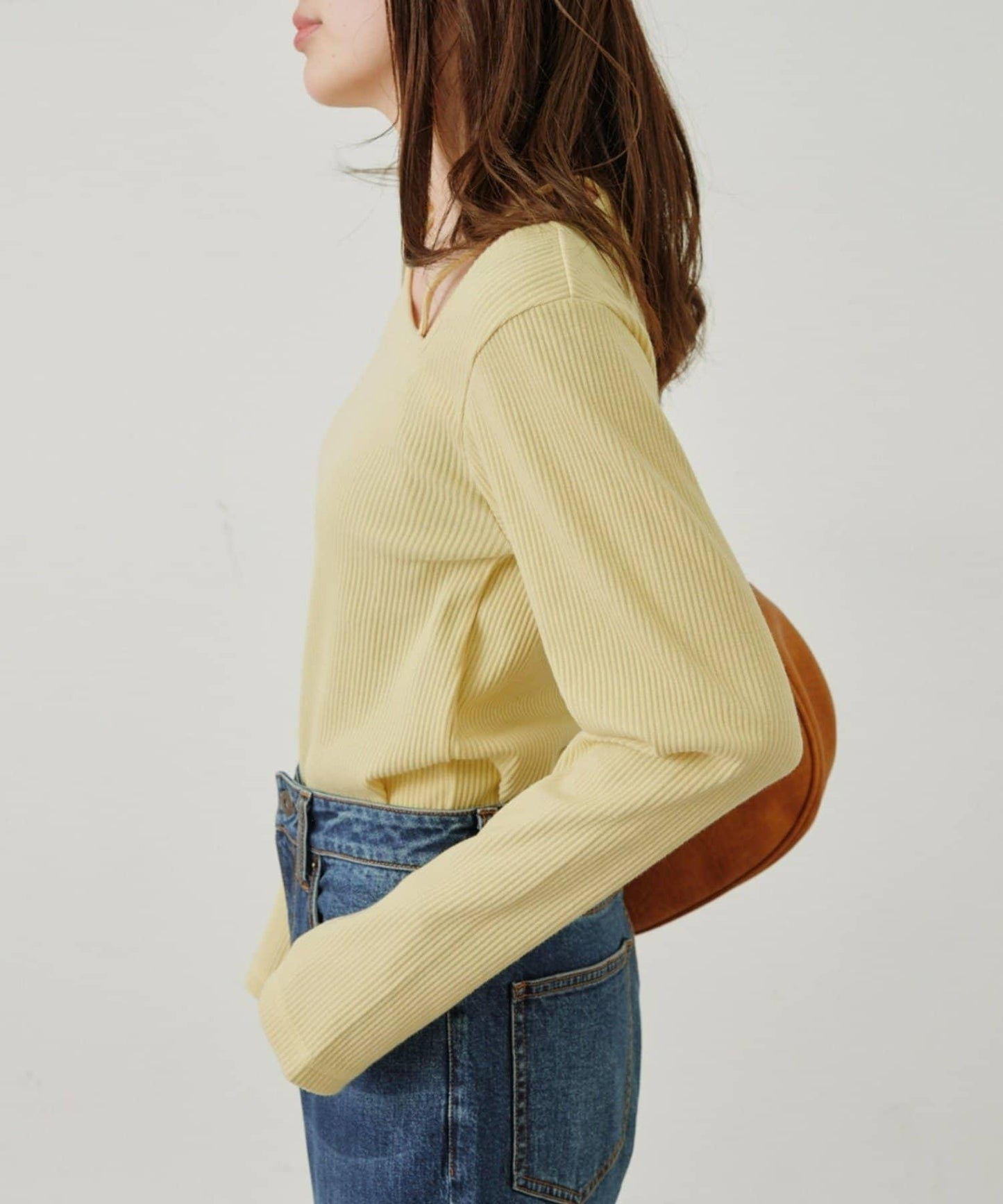 W不對稱領口羅紋長袖T恤