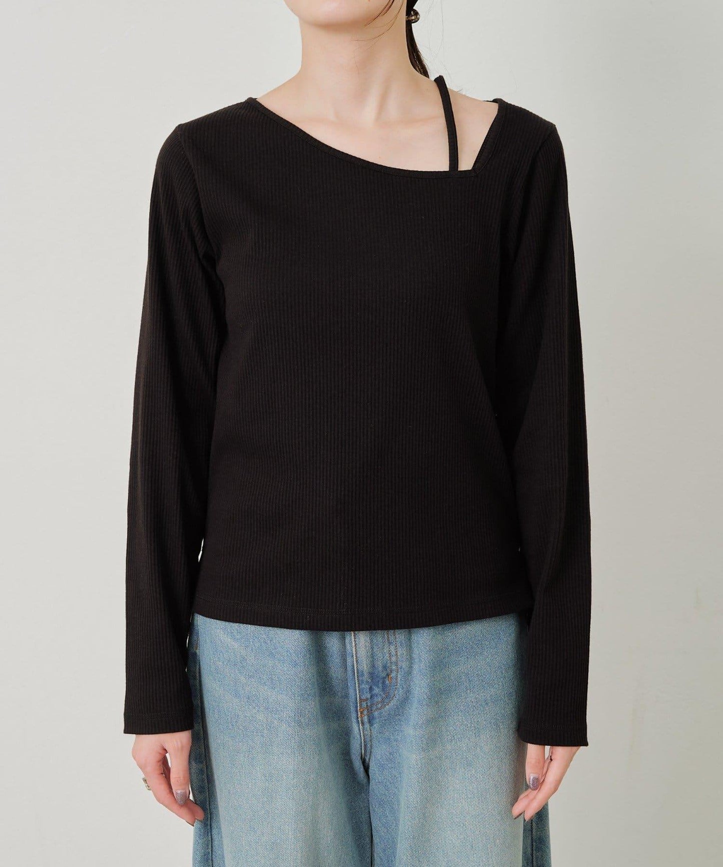 W不對稱領口羅紋長袖T恤