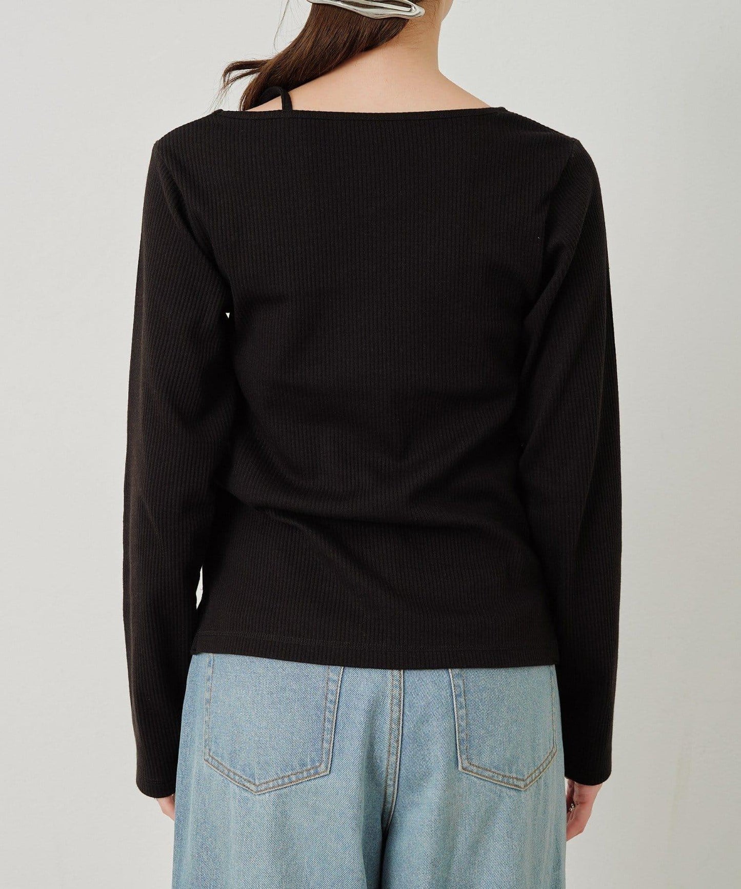 W不對稱領口羅紋長袖T恤