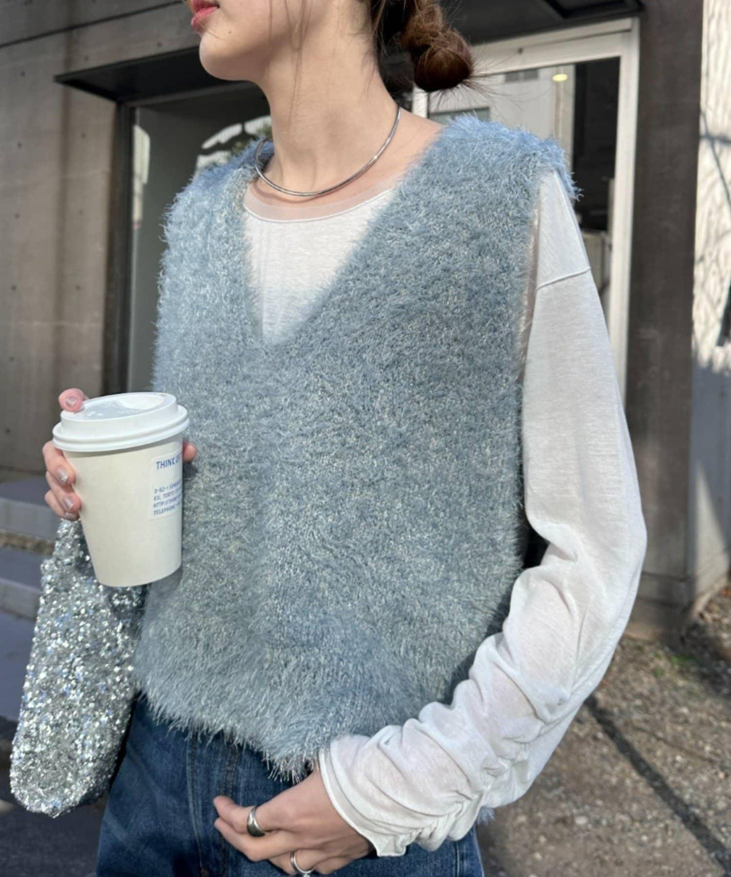 混合羽毛紗線短款背心