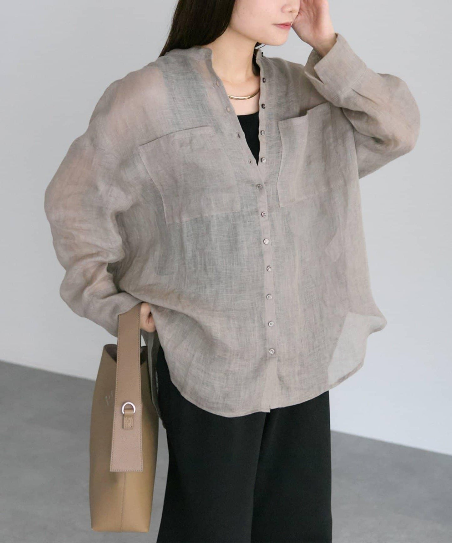 亞麻紗帶領襯衫