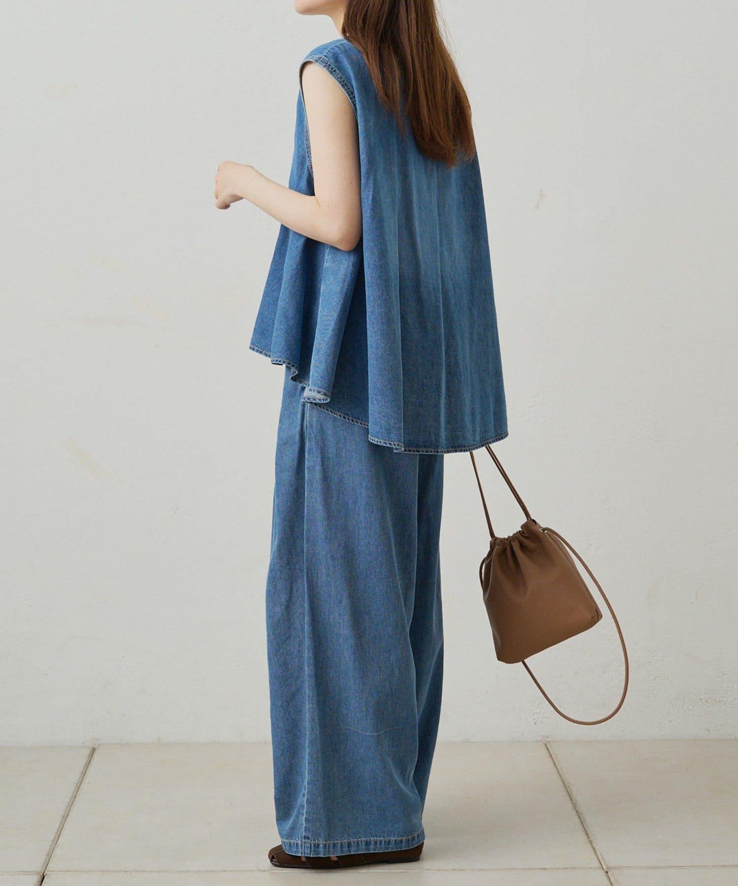 【套裝商品】牛仔喇叭袖上衣+休閒褲套裝