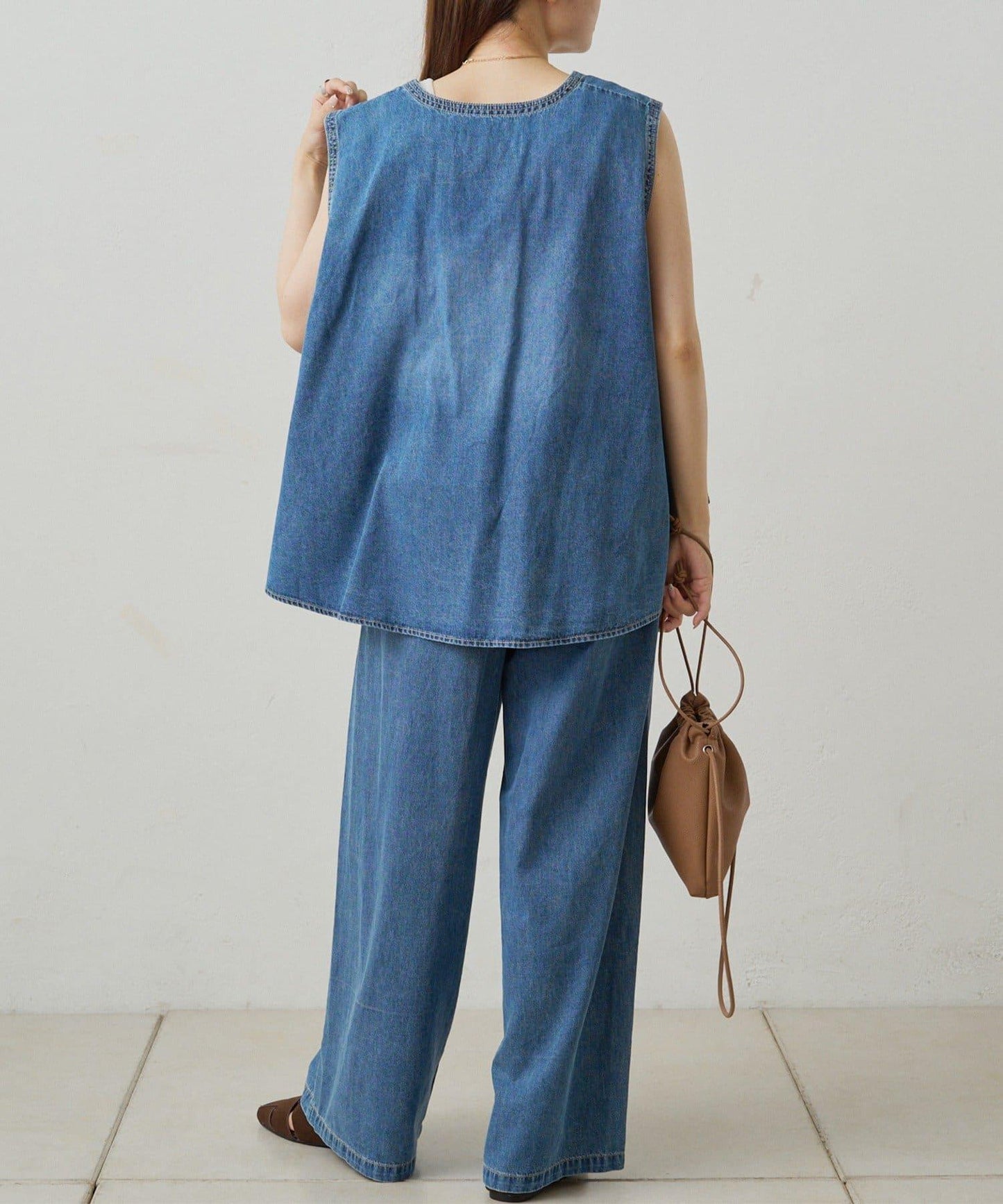 【套裝商品】牛仔喇叭袖上衣+休閒褲套裝