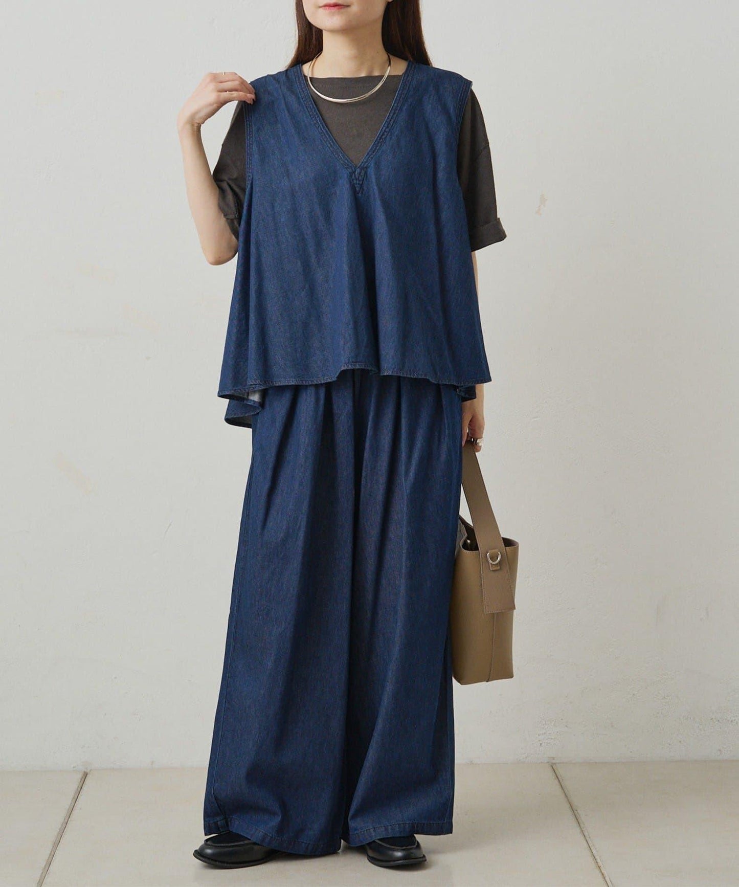 【套裝商品】牛仔喇叭袖上衣+休閒褲套裝