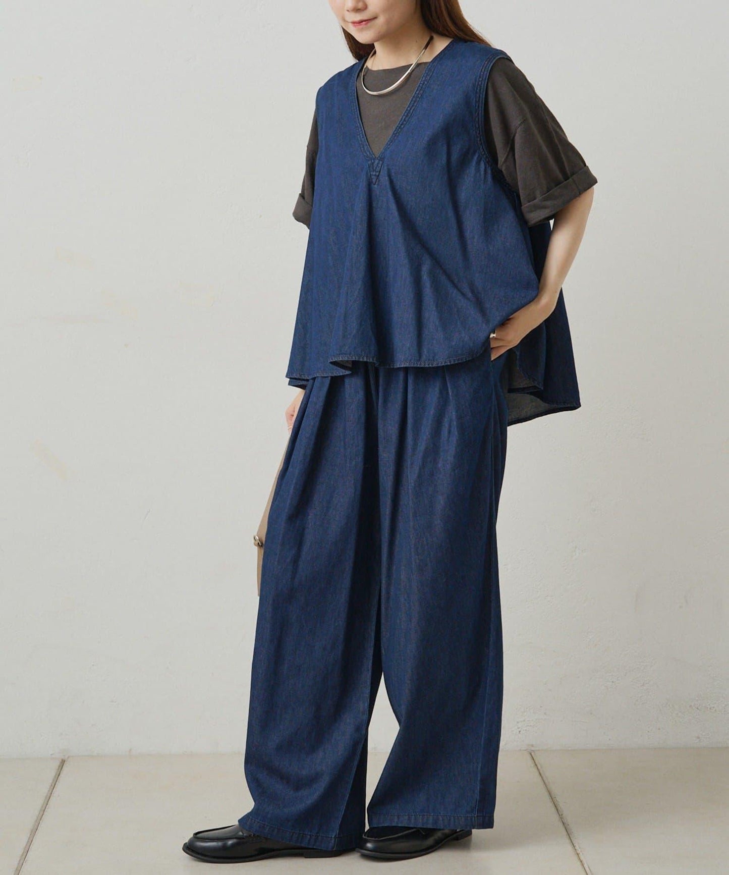 【套裝商品】牛仔喇叭袖上衣+休閒褲套裝