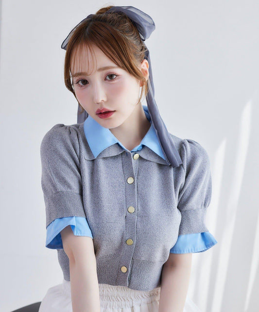 本季流行/拼接領短袖針織衫