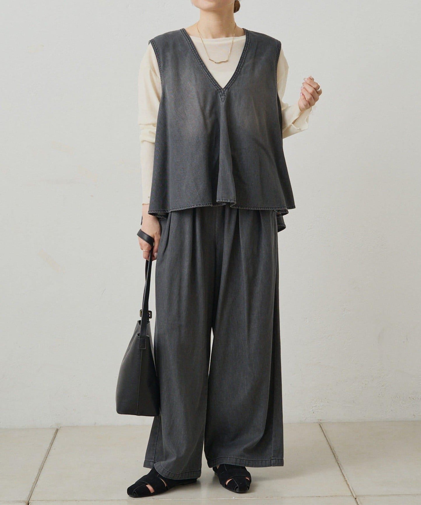 【套裝商品】牛仔喇叭袖上衣+休閒褲套裝