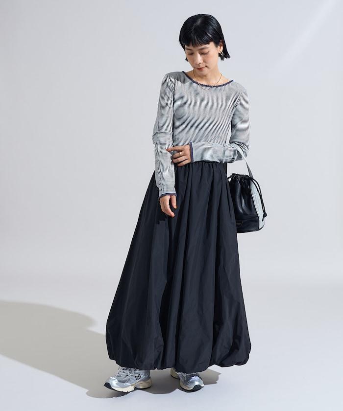 貝殼褶皺羅紋條紋長袖T恤