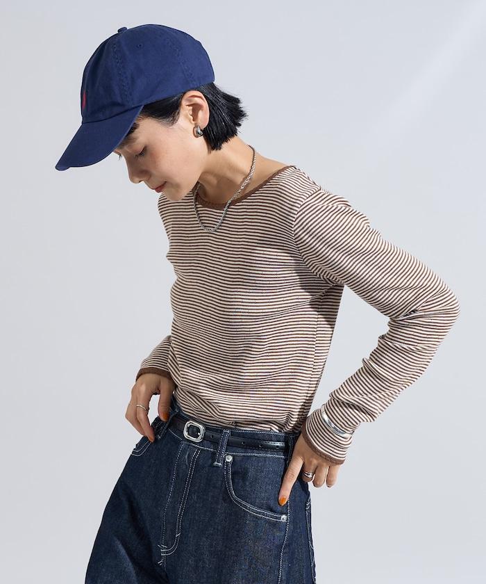 貝殼褶皺羅紋條紋長袖T恤