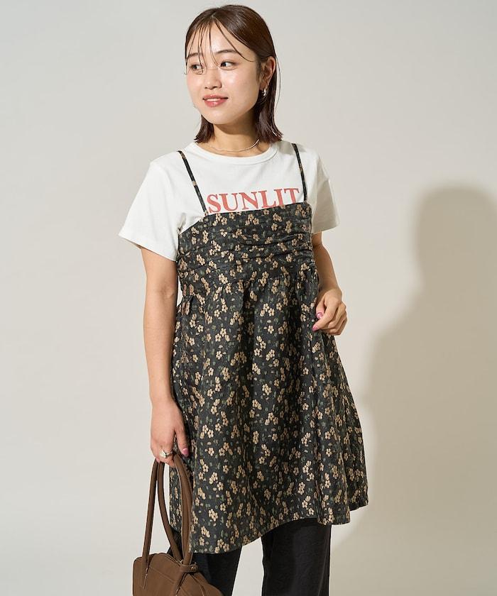 花卉提花後系蝴蝶結吊帶迷你連衣裙<可搭配套裝>