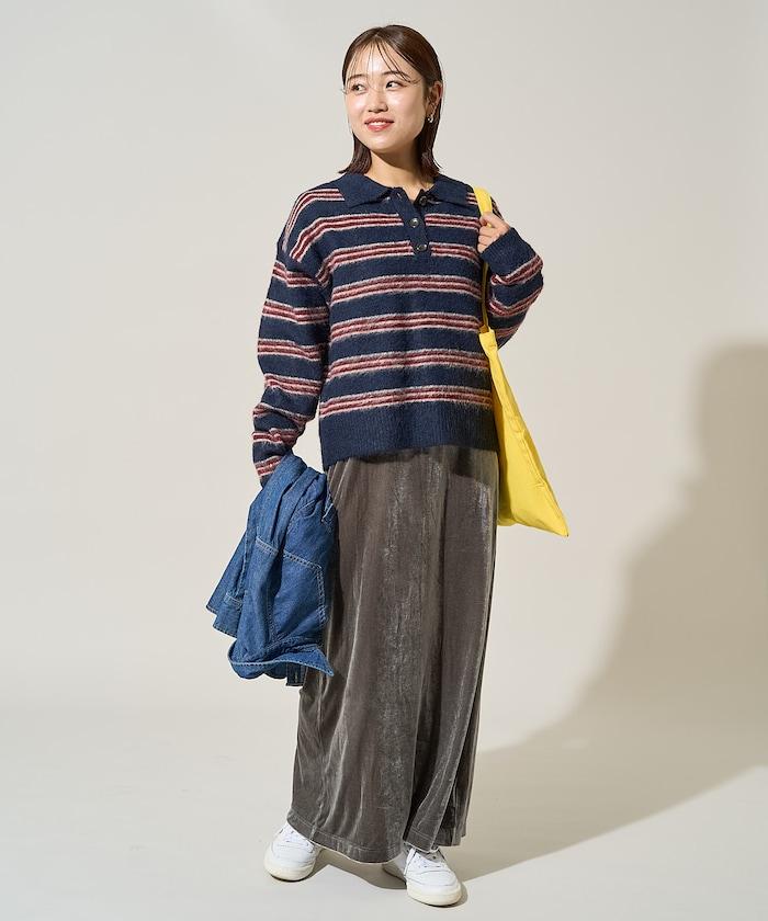 長毛多色條紋翻領針織衫