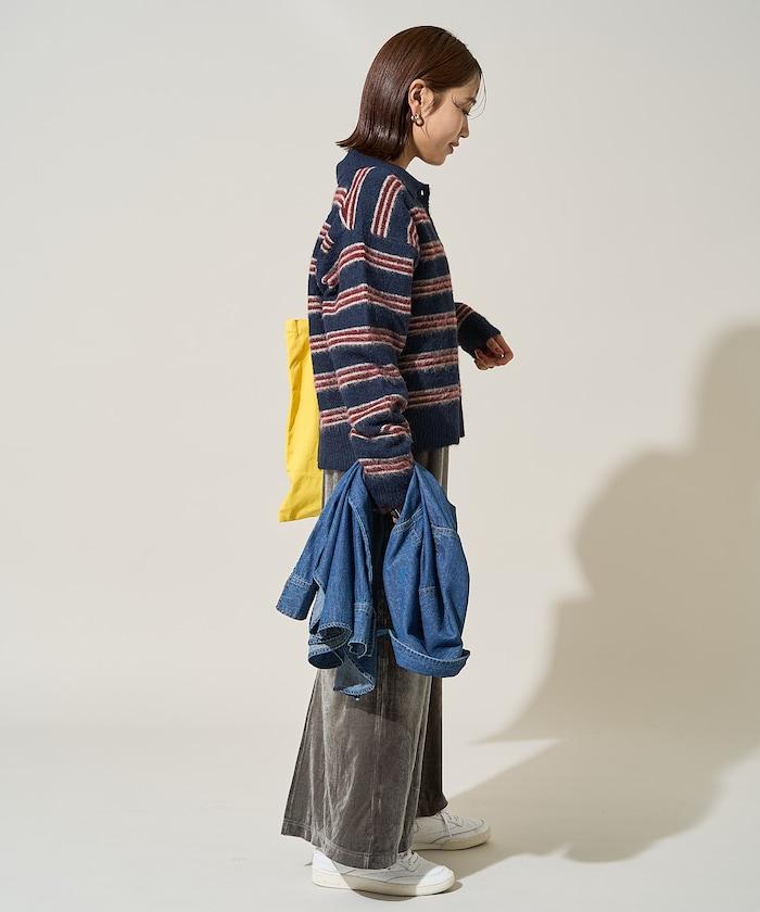 長毛多色條紋翻領針織衫