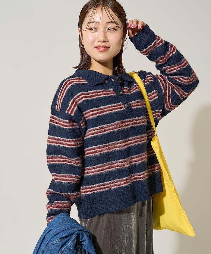 長毛多色條紋翻領針織衫