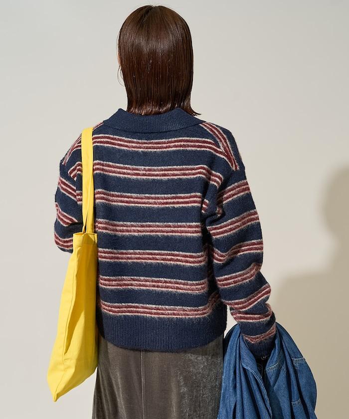 長毛多色條紋翻領針織衫