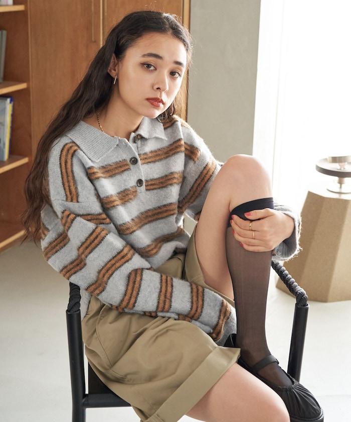 長毛多色條紋翻領針織衫