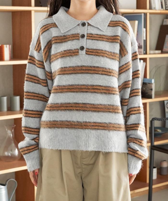 長毛多色條紋翻領針織衫