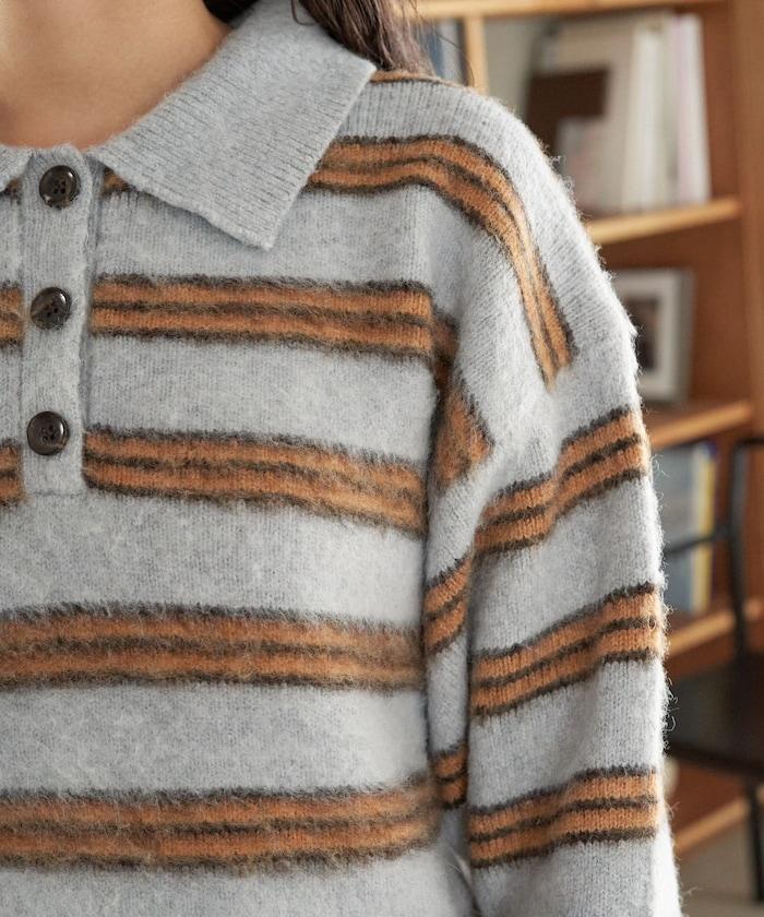 長毛多色條紋翻領針織衫