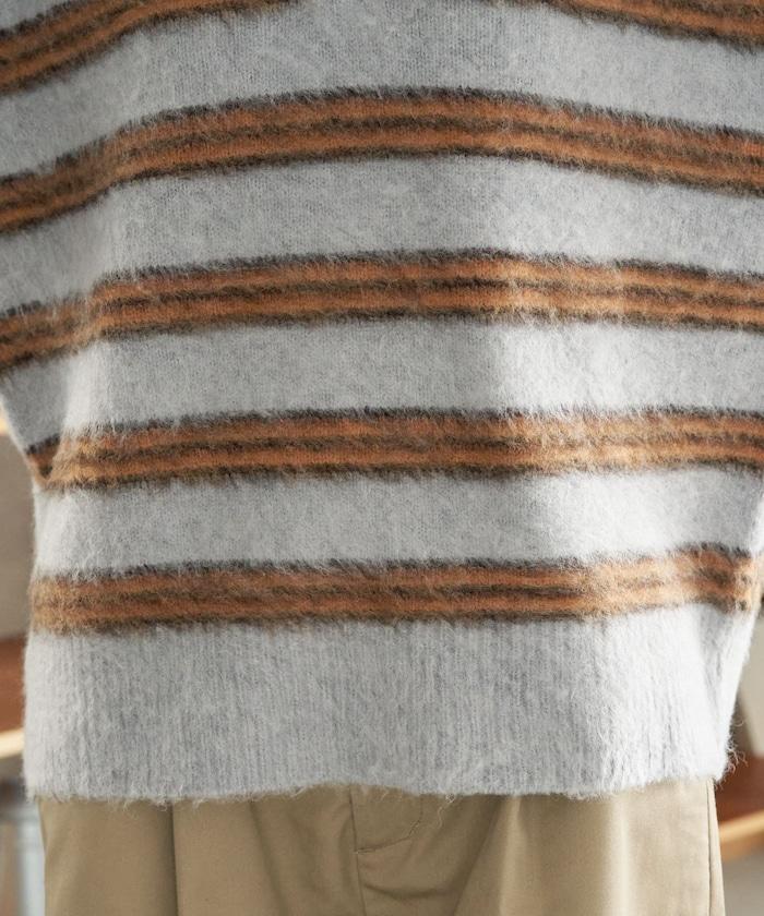 長毛多色條紋翻領針織衫