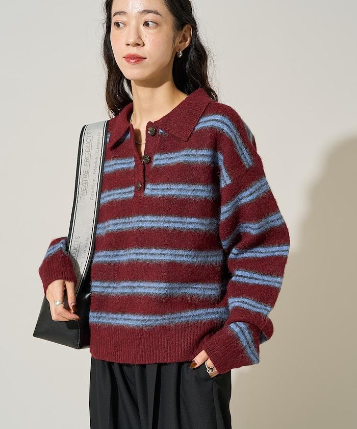 長毛多色條紋翻領針織衫