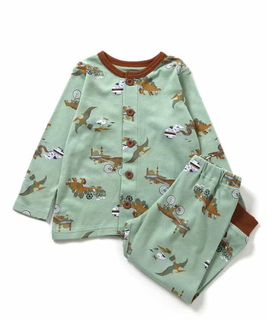 恐龍圖案前開式光滑睡衣