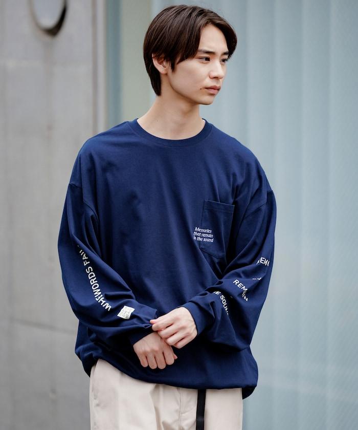 寬鬆版型 單點刺繡 袖部印花 口袋T恤 / 長袖T恤 / 下襬抽繩