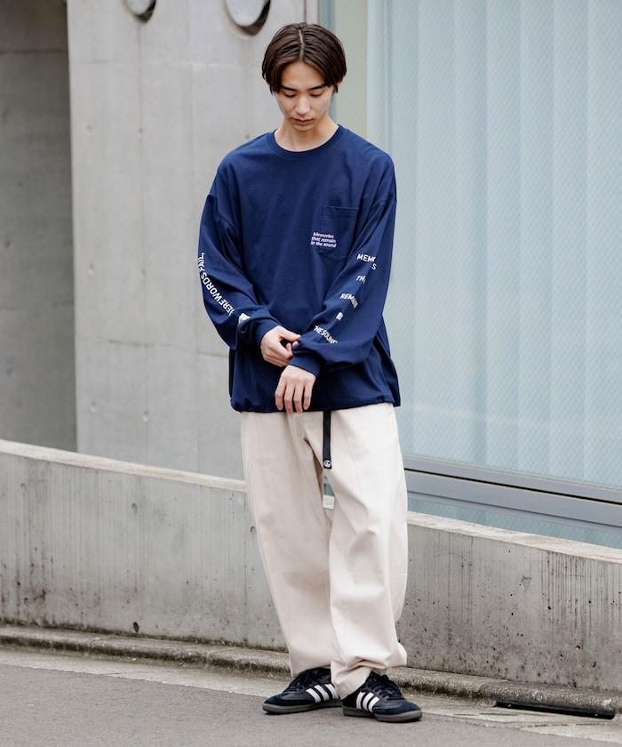 寬鬆版型 單點刺繡 袖部印花 口袋T恤 / 長袖T恤 / 下襬抽繩