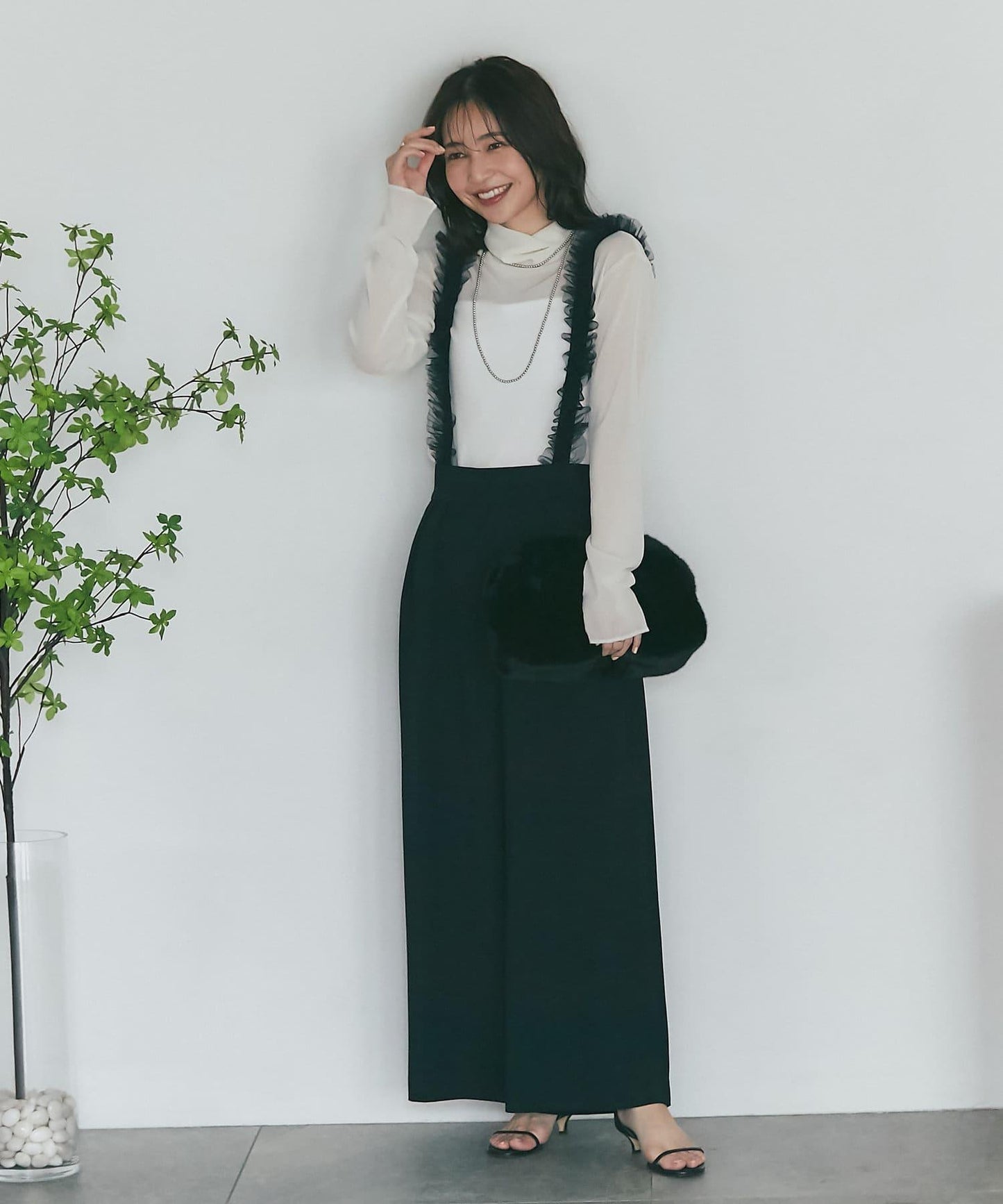 【La boutique BonBon】網紗荷葉邊吊帶寬腿褲