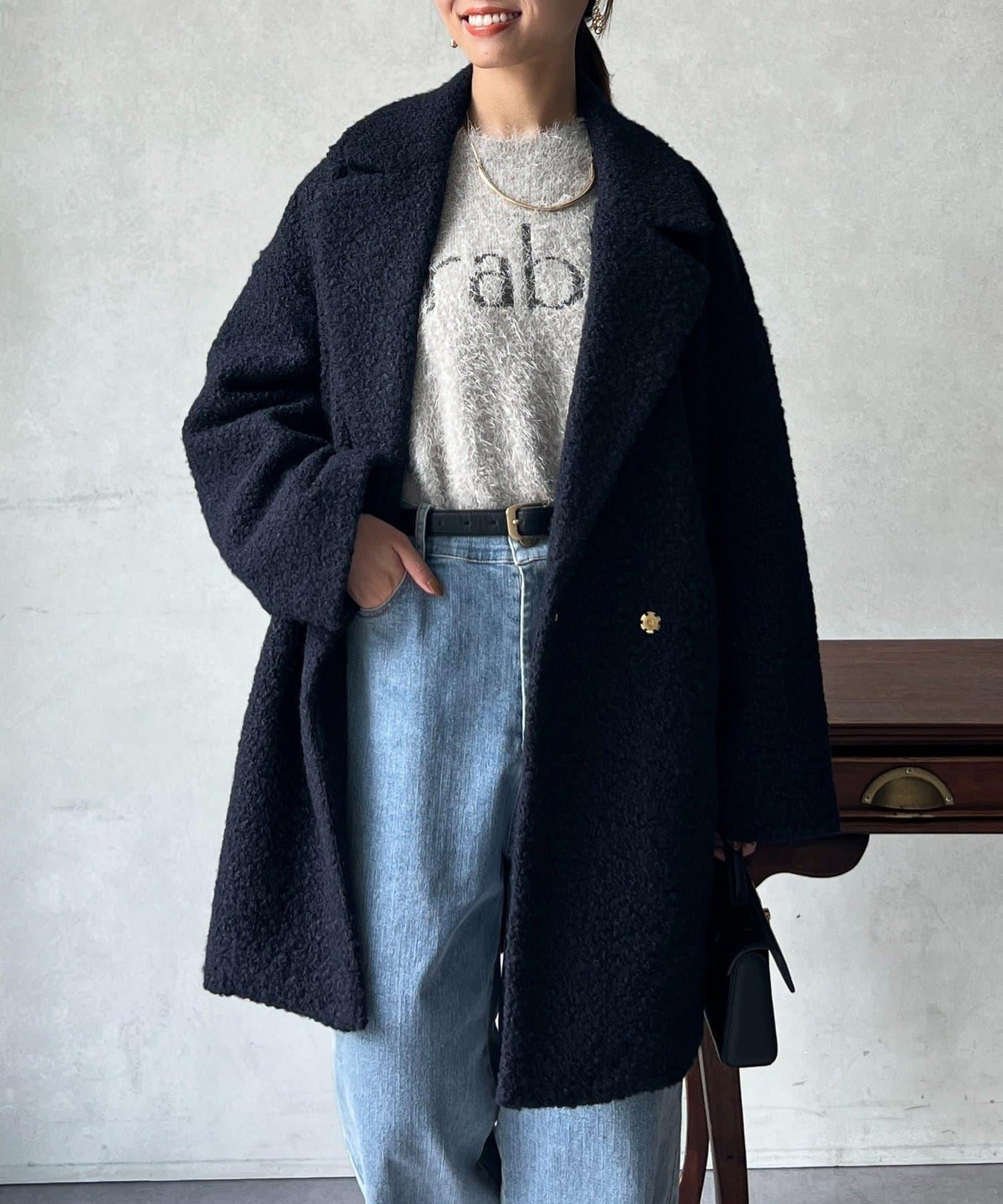 圈圈紗人造毛格紋大衣