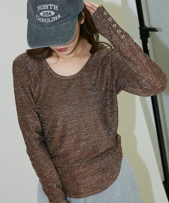 袖釦開口U領亮絲上衣