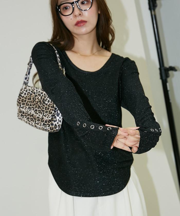 袖釦開口U領亮絲上衣