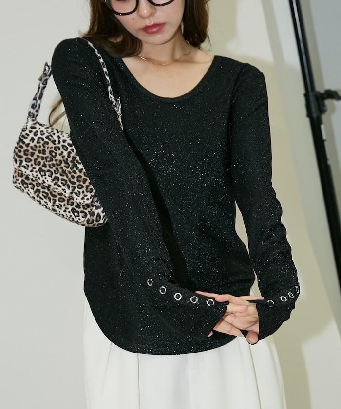 袖釦開口U領亮絲上衣