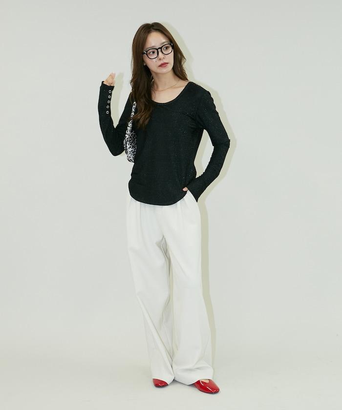 袖釦開口U領亮絲上衣