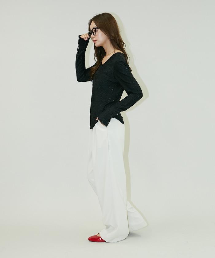 袖釦開口U領亮絲上衣