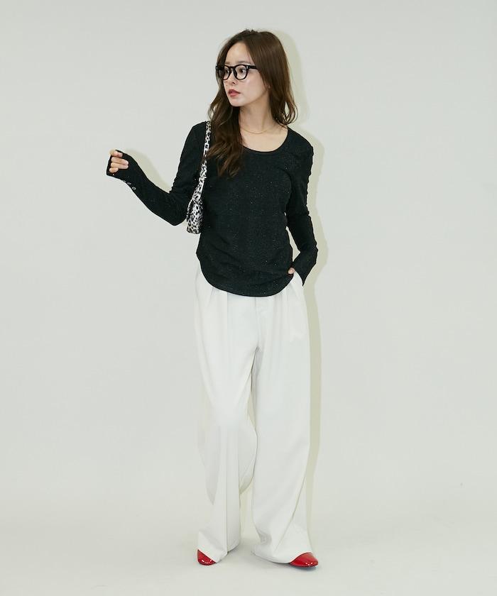 袖釦開口U領亮絲上衣