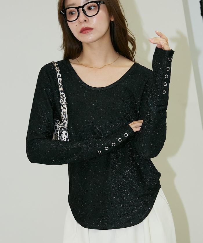 袖釦開口U領亮絲上衣