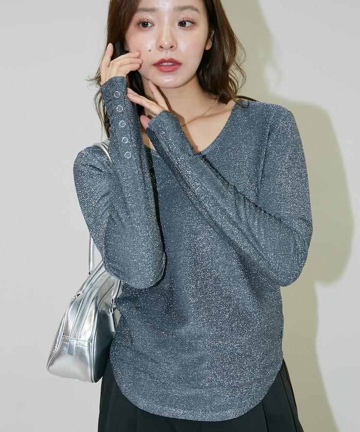 袖釦開口U領亮絲上衣