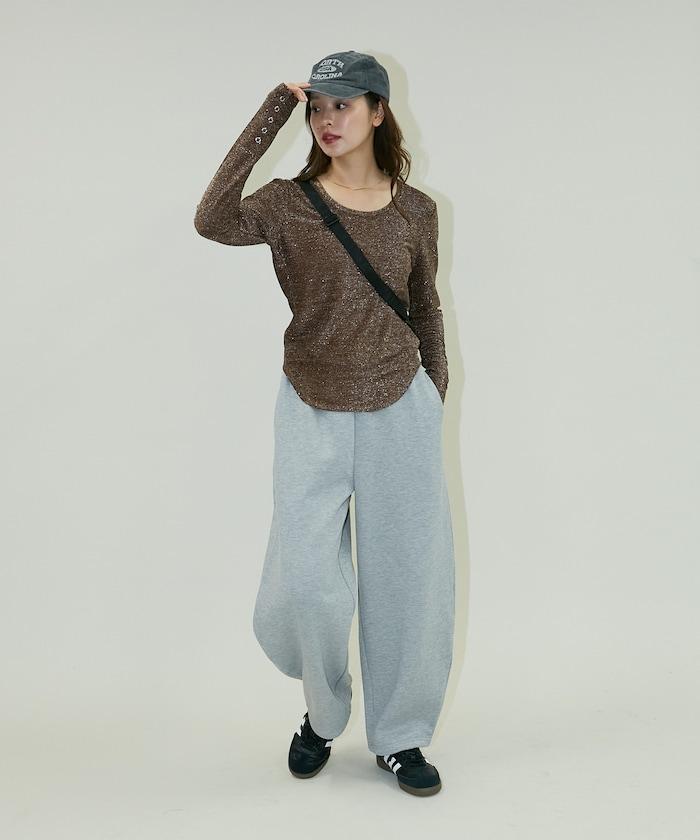 袖釦開口U領亮絲上衣